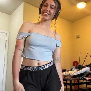 Me to We Blue Ribbed Fitted Crop Top